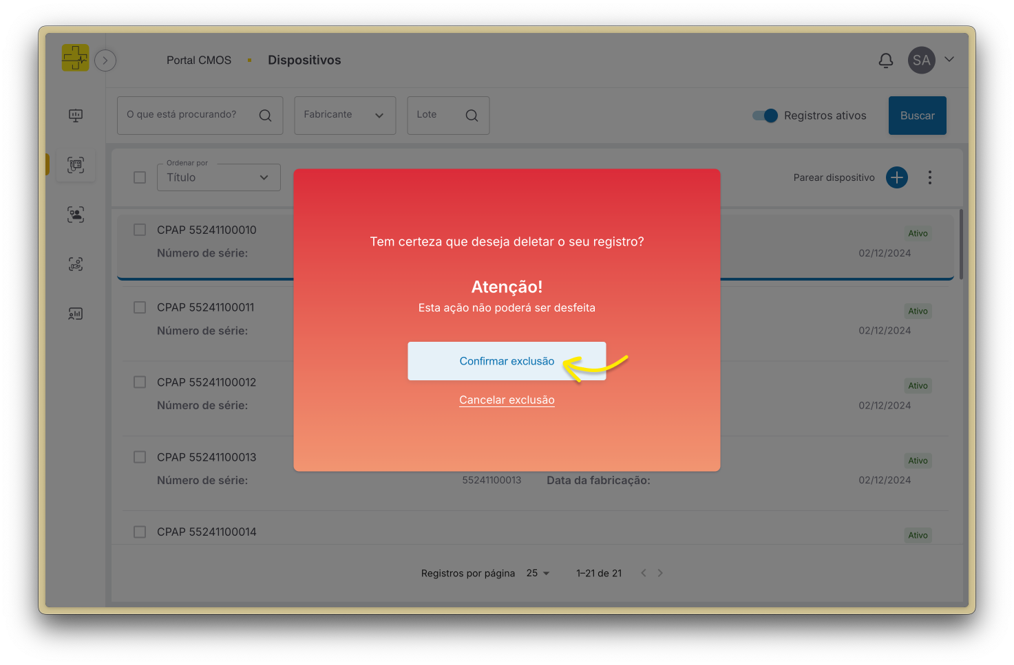 Confirmação de deleção do dispositivo