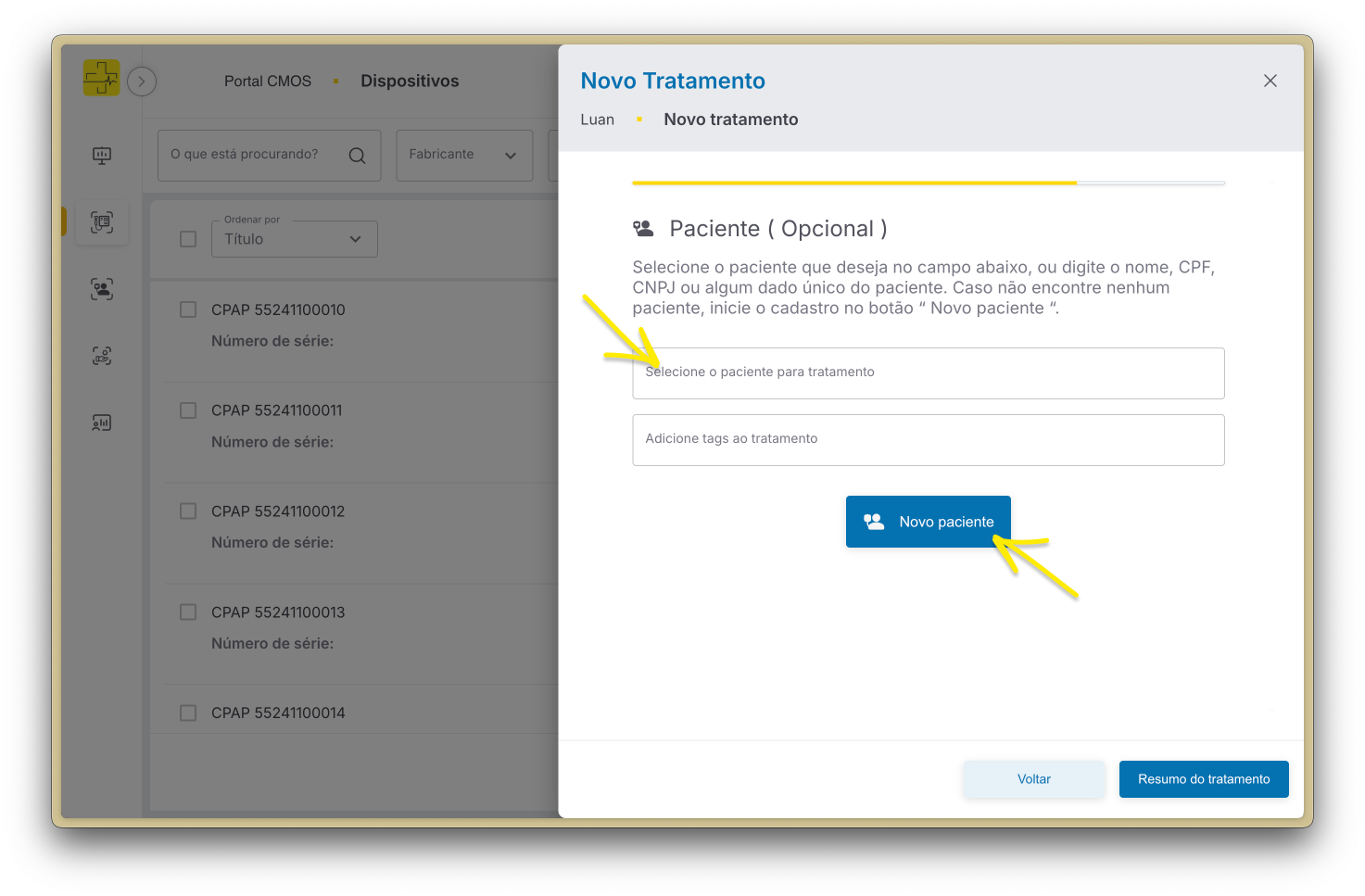 Selecionar ou criar um novo paciente