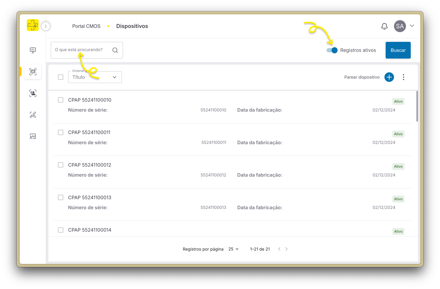 Barra de busca na página de Dispositivos