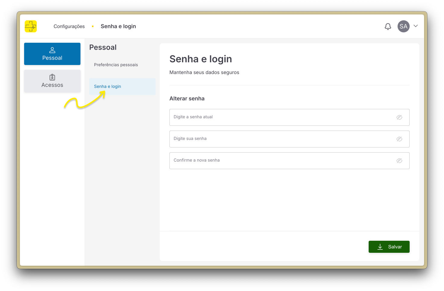 Página de senha e login