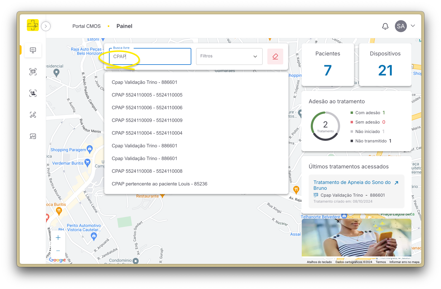 Busca de dispositivos no mapa
