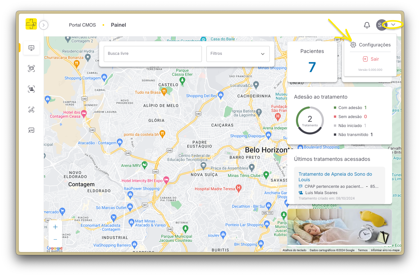 Acesso da página Painel para Configurações