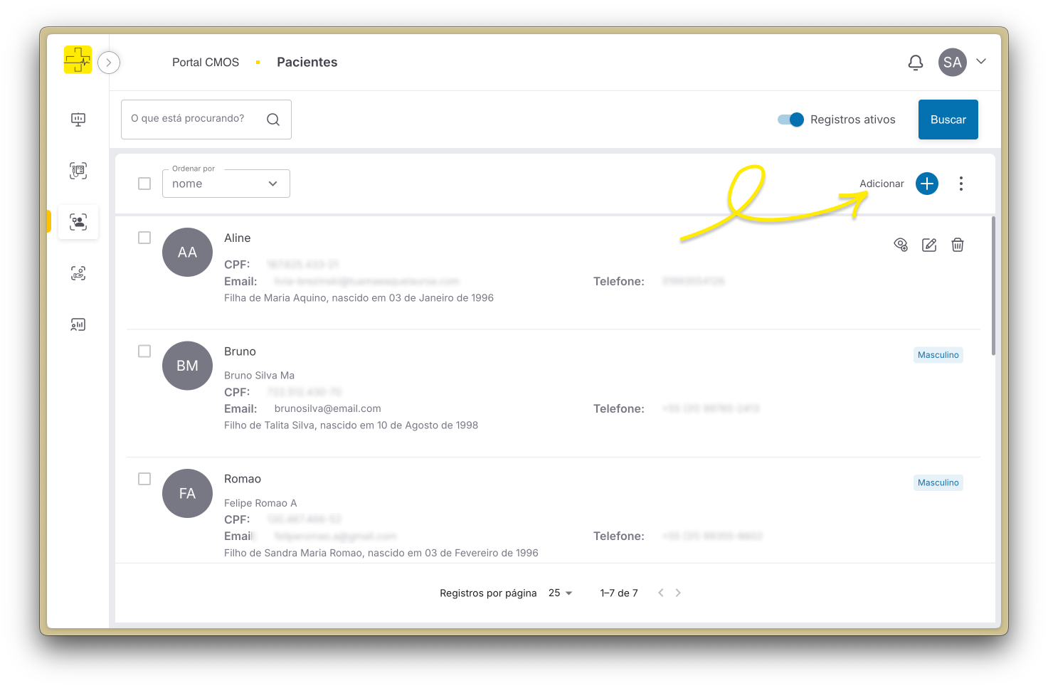 Botão para adicionar novo paciente