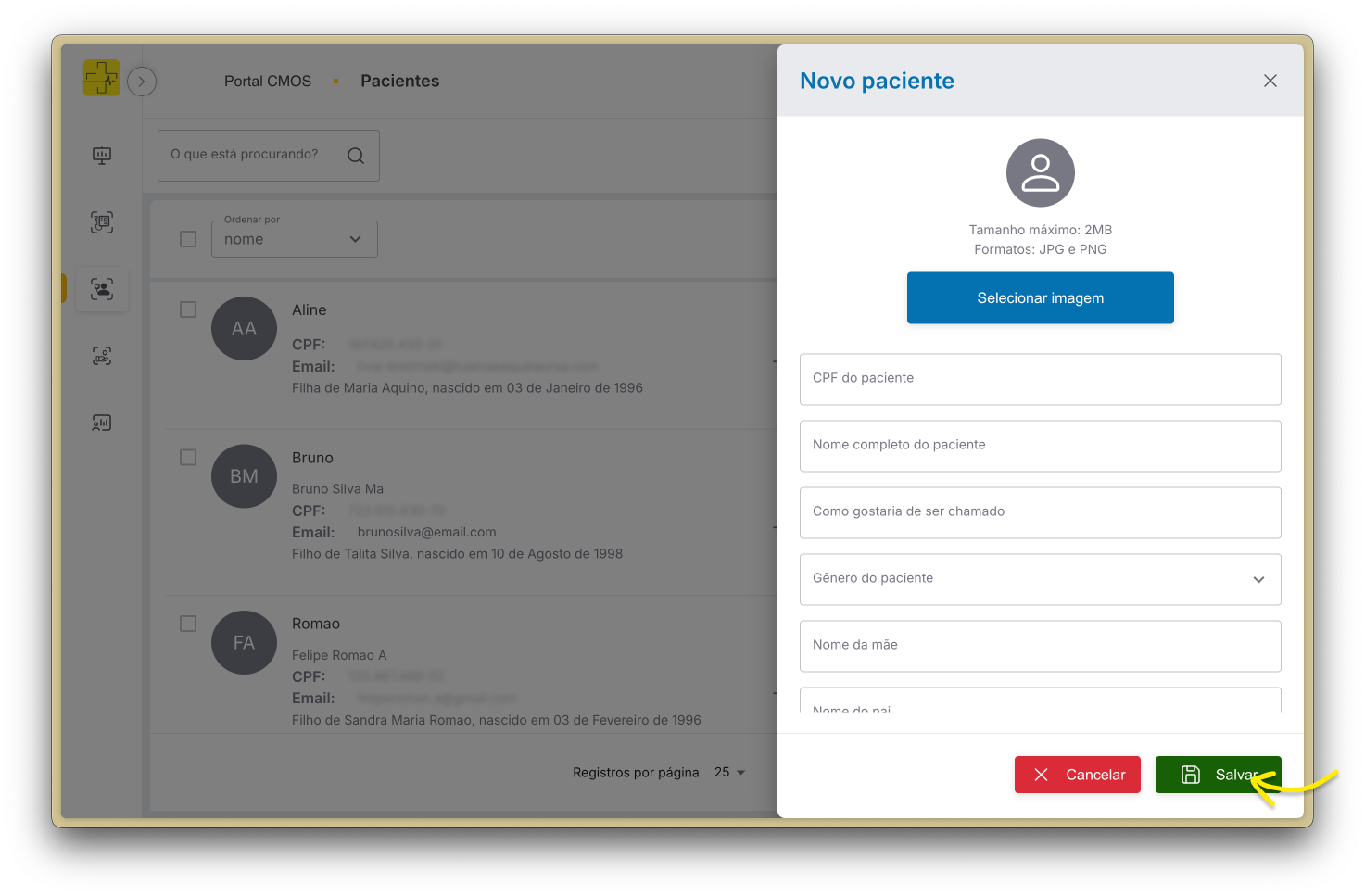 Botão para salvar novo paciente
