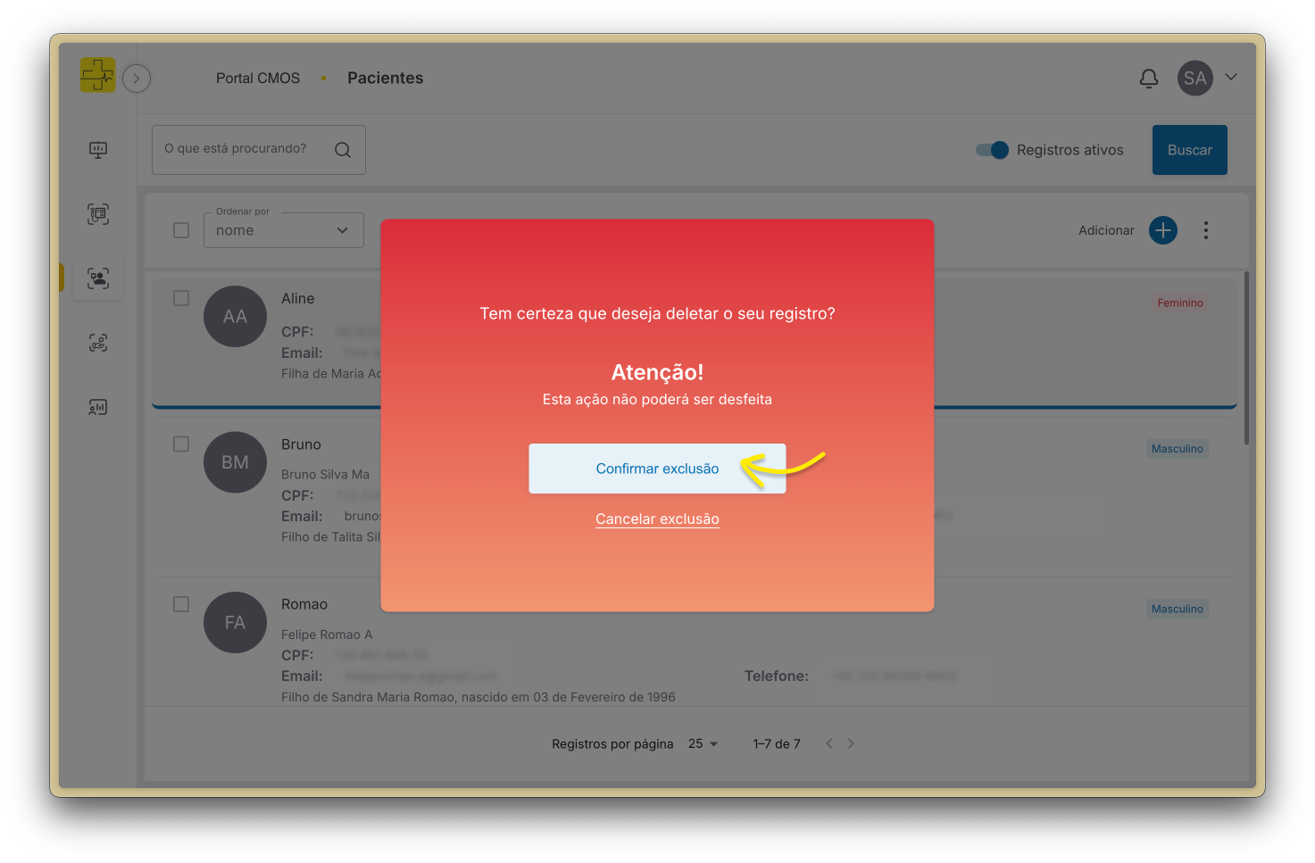Alerta confirmação deleção paciente