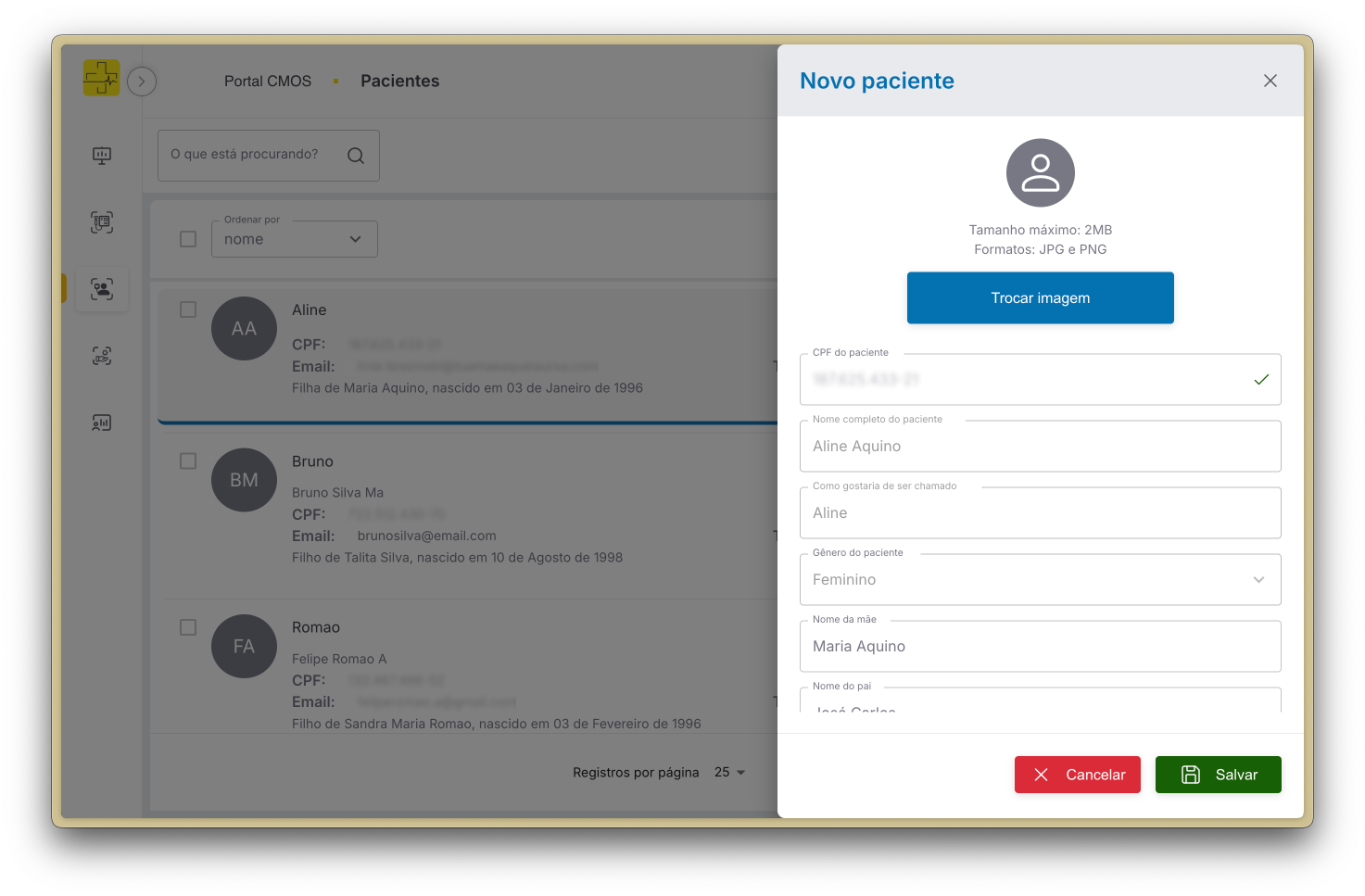 Formulário de edição de um paciente