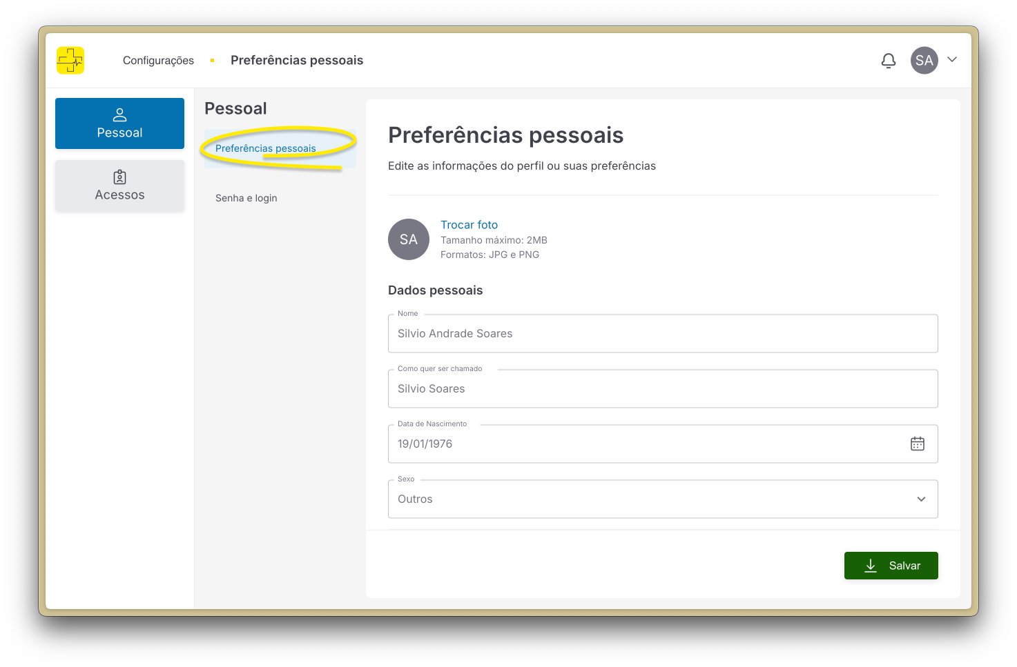 Página de preferências pessoais