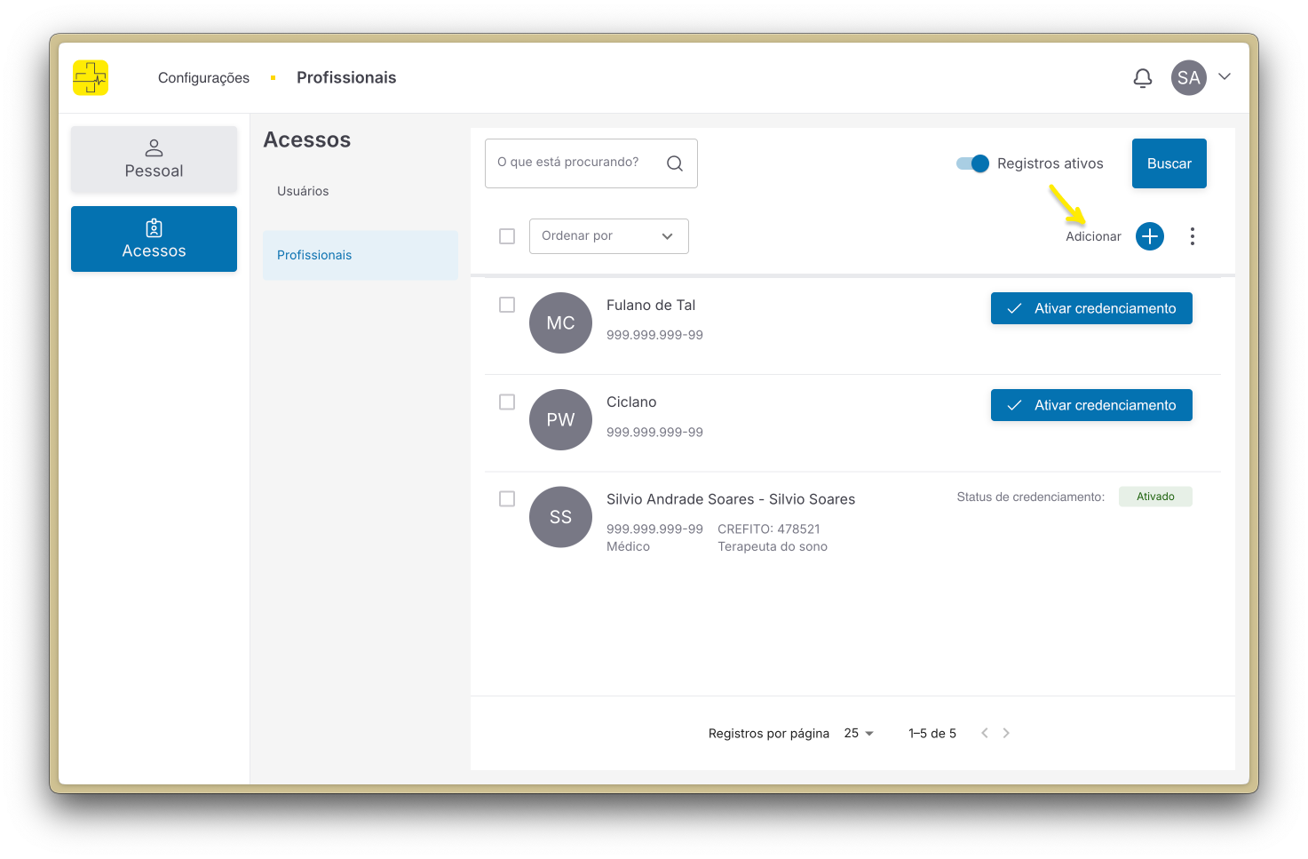 Botão adicionar usuário como profissional
