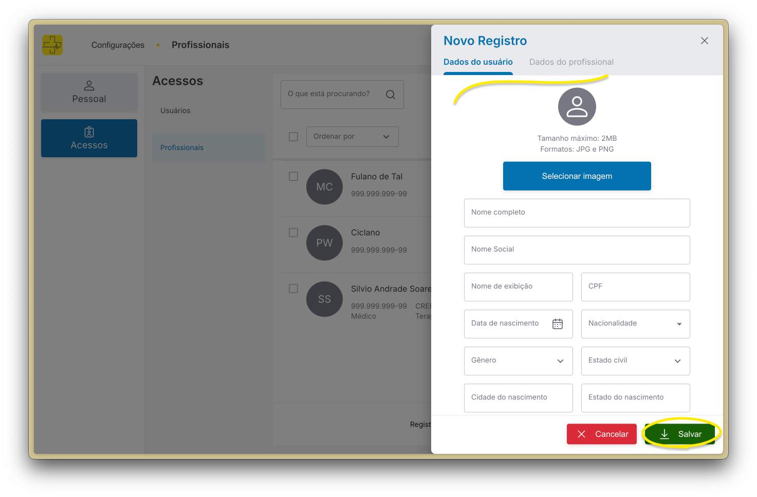 Formulário de profissional