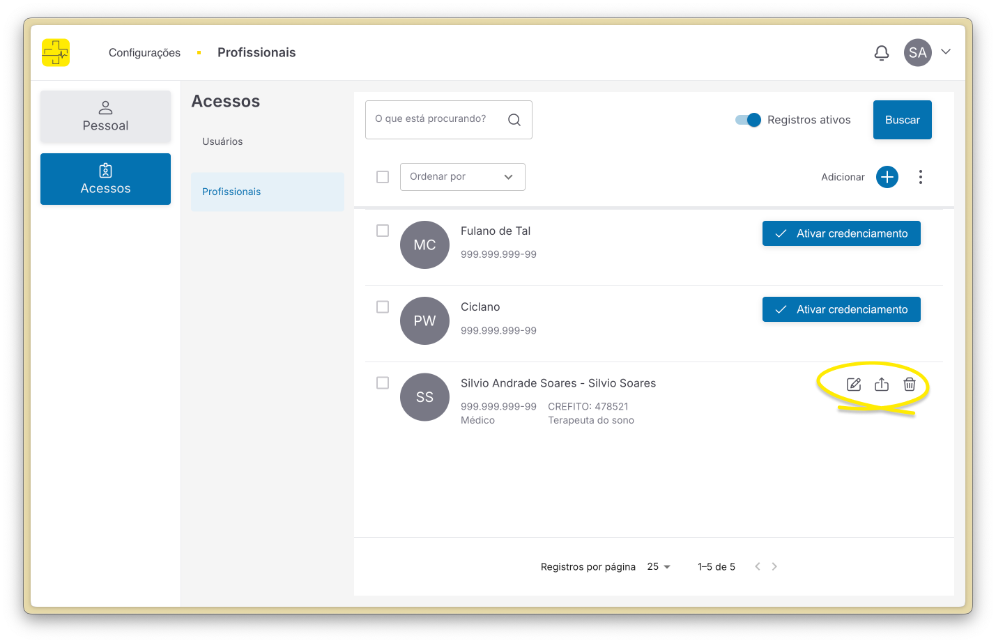 Mais ações em um profissional