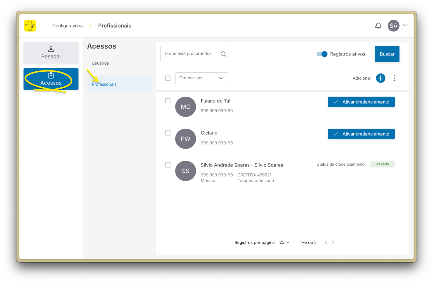 Página de Profissionais
