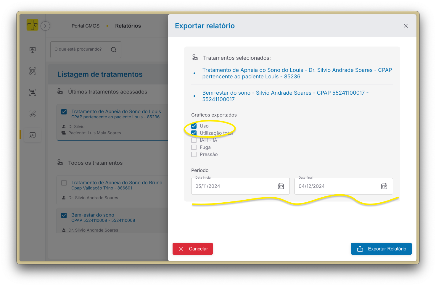 Gráficos a serem incluídos e período selecionado