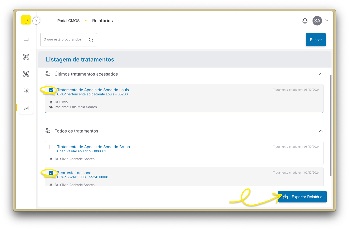 Tela de relatórios tratamentos selecionados