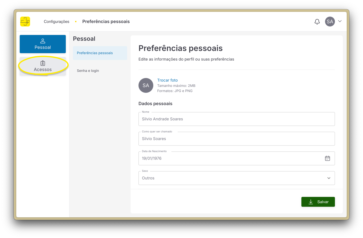 Acesso da página Configurações para menu Configurações