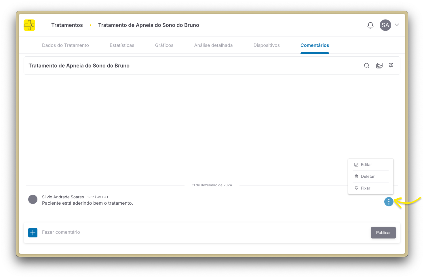 Botão de ações de um comentário no tratamento