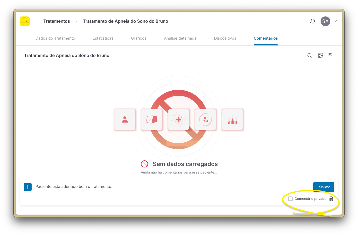 Campo de comentário privado no tratamento