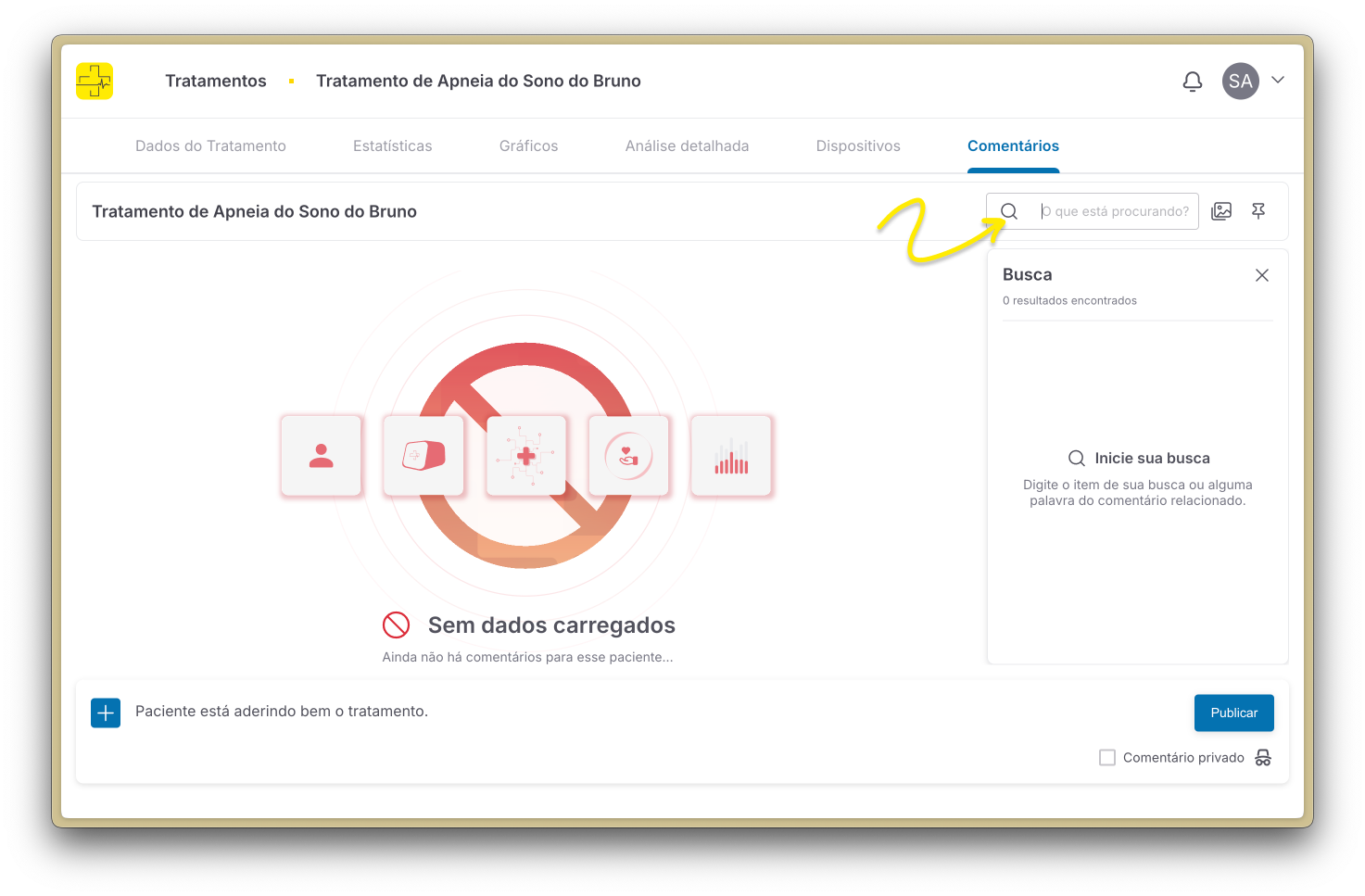 Campo de busca de comentário no tratamento
