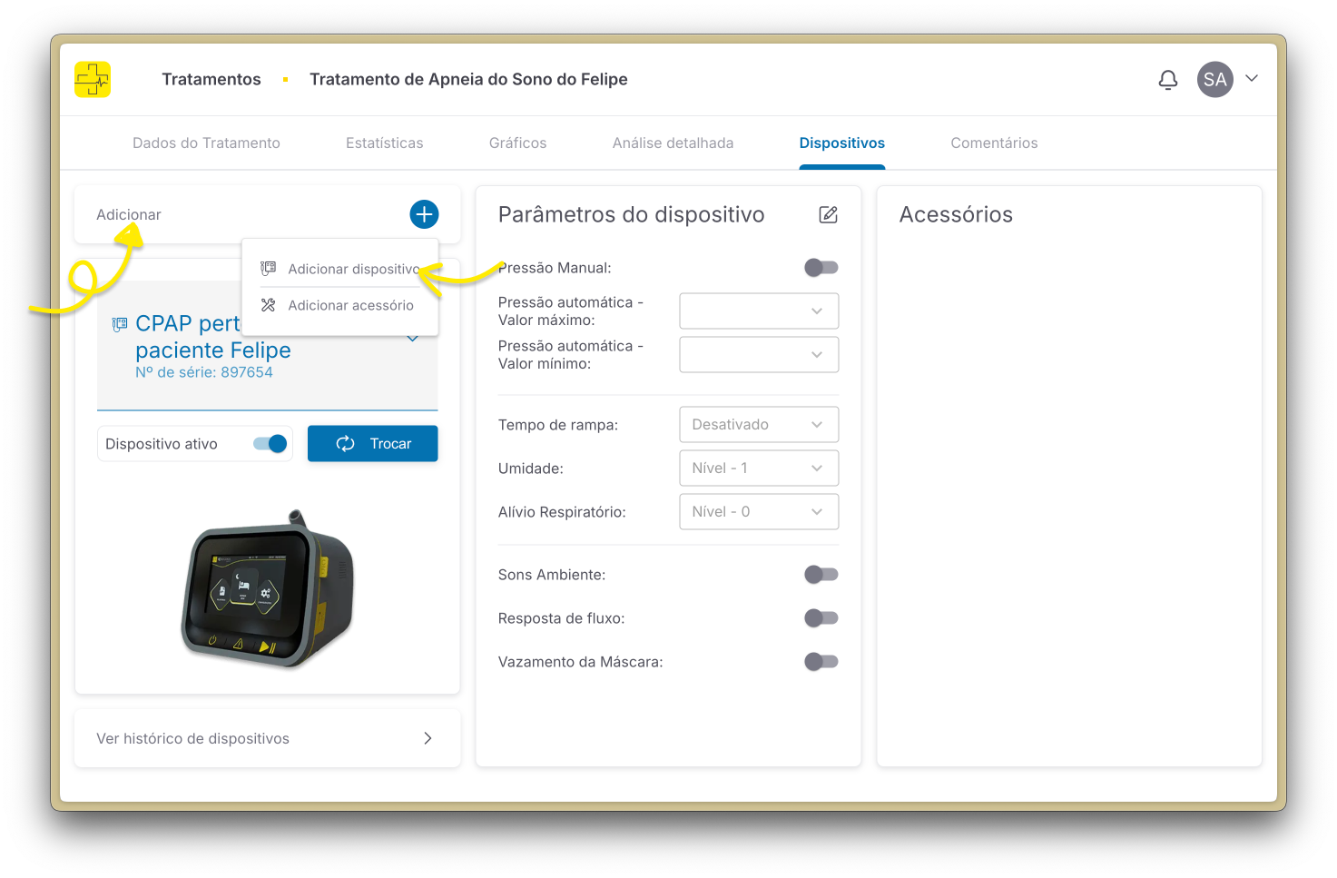 Botão para adicionar dispositivo ao tratamento