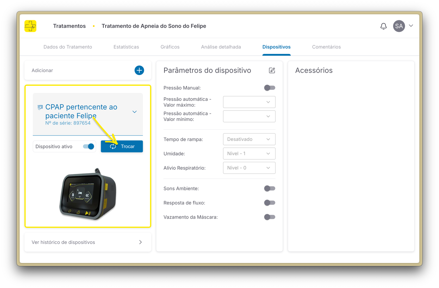 Botão para trocar dispositivo no tratamento