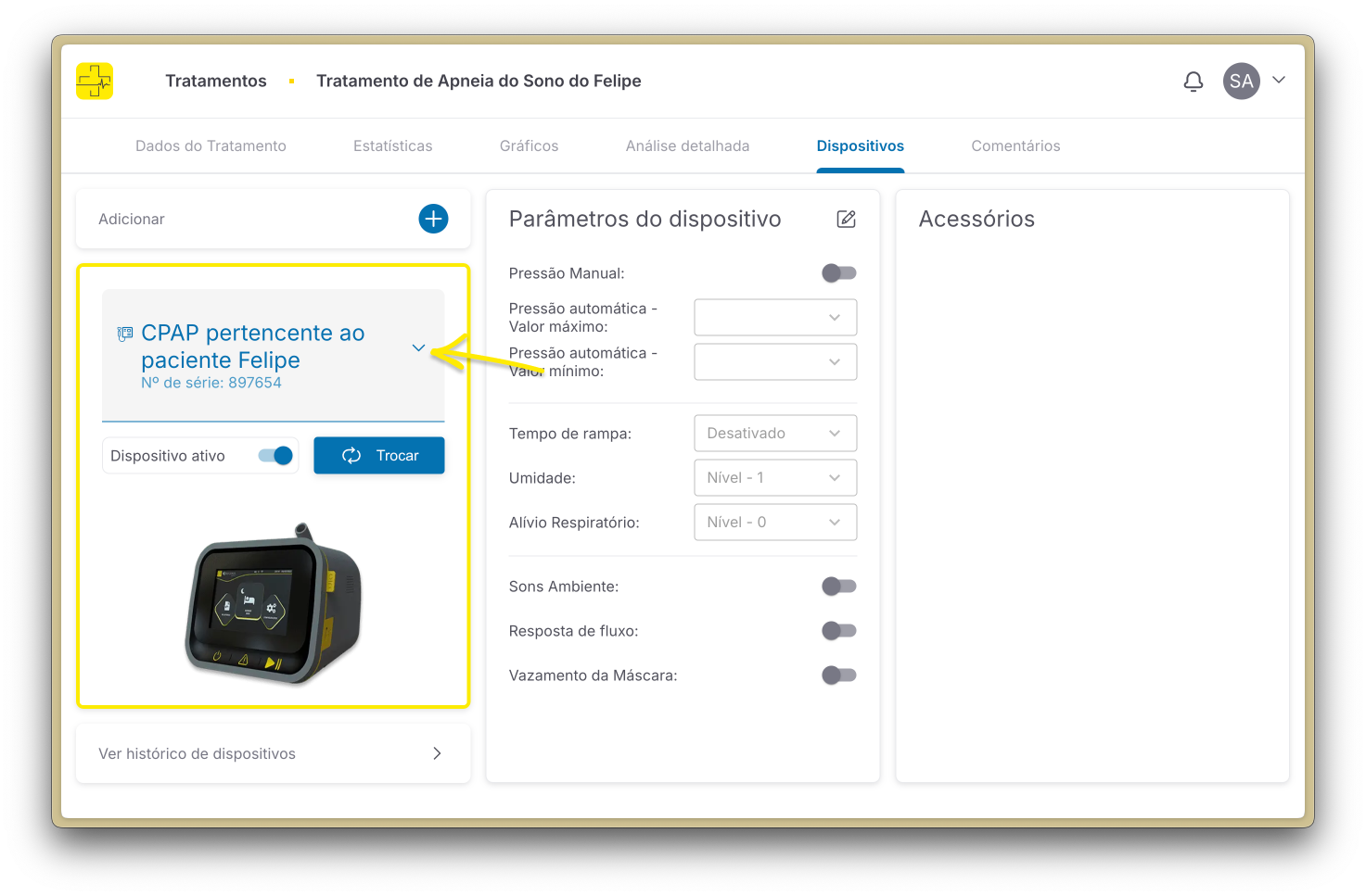 Botão para alterar dispositivo no tratamento