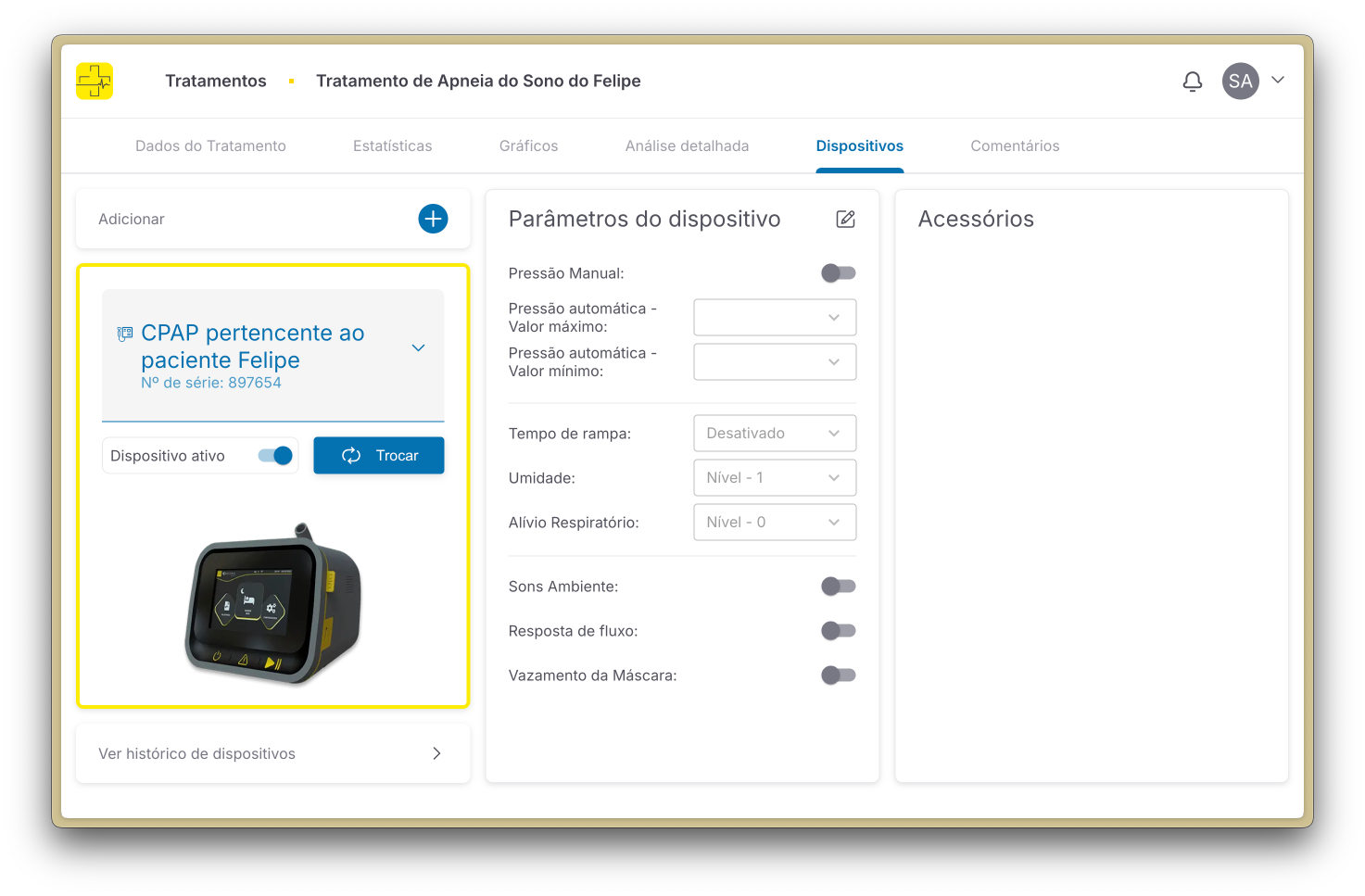 Detalhes de um dispositivo ativo no tratamento