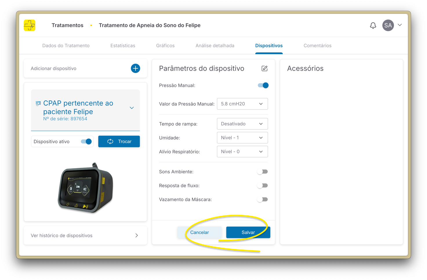 Formulário para editar parâmetros do dispositivo no tratamento