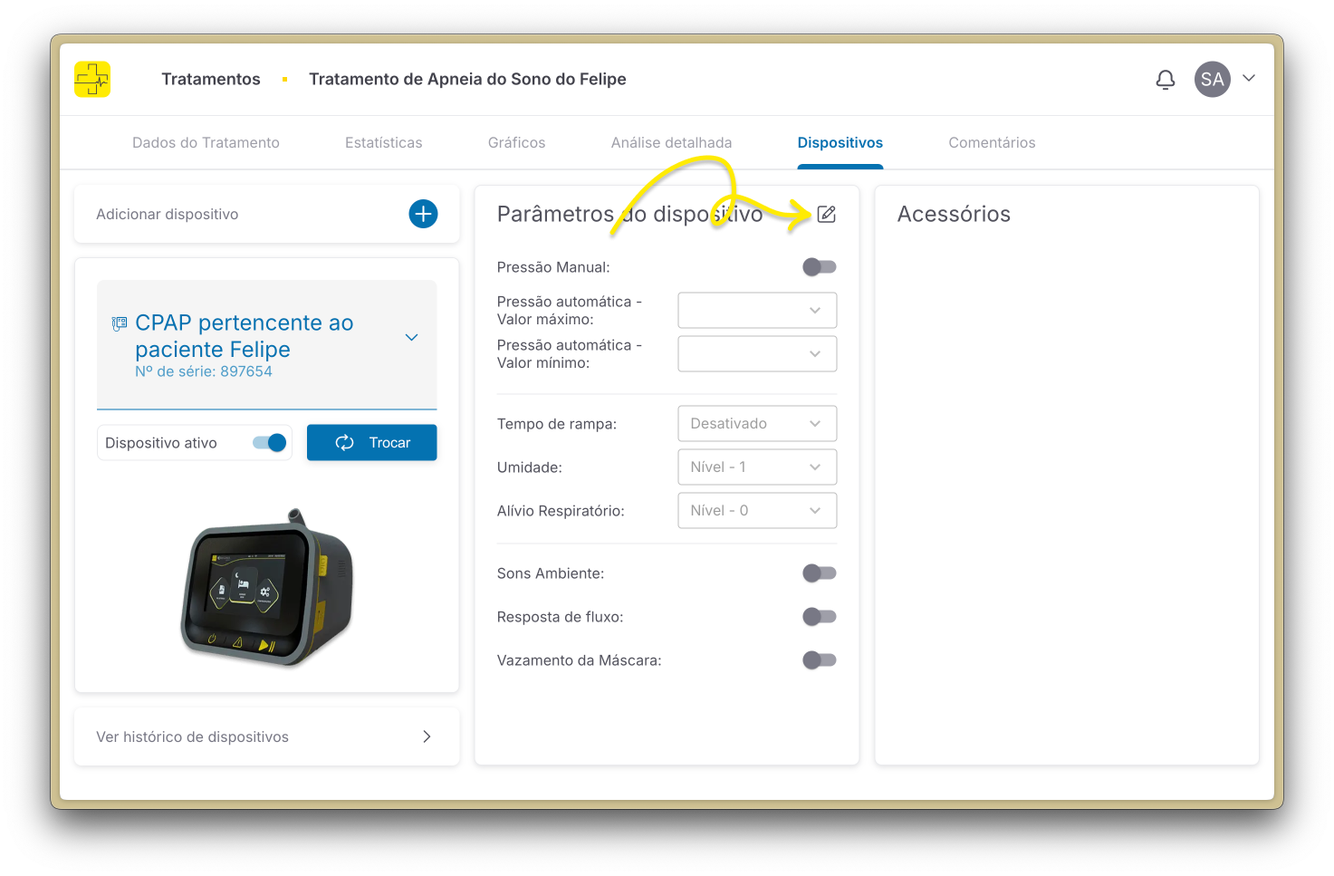 Botão para editar parâmetros do dispositivo no tratamento