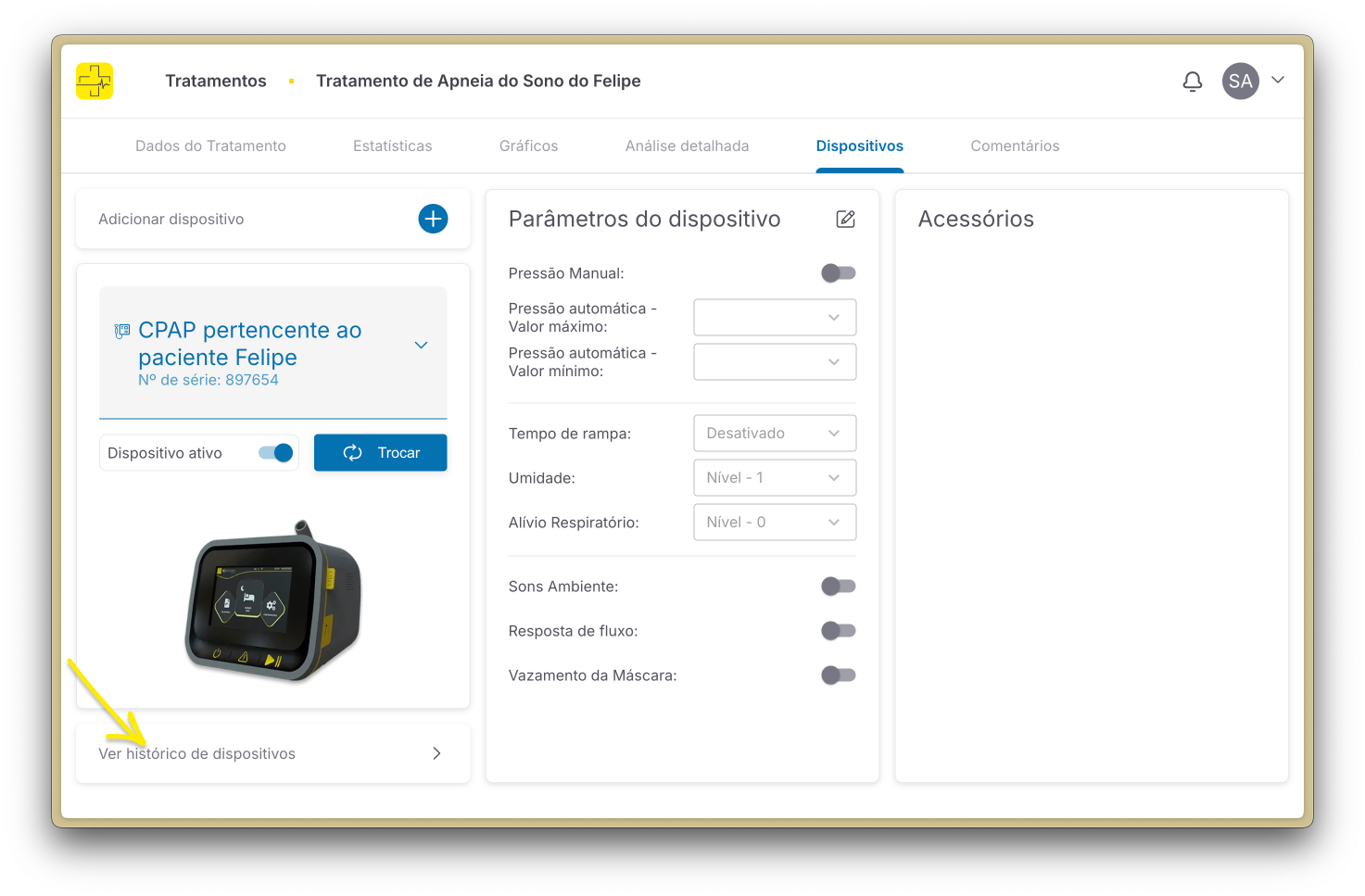 Histórico de dispositivos no tratamento