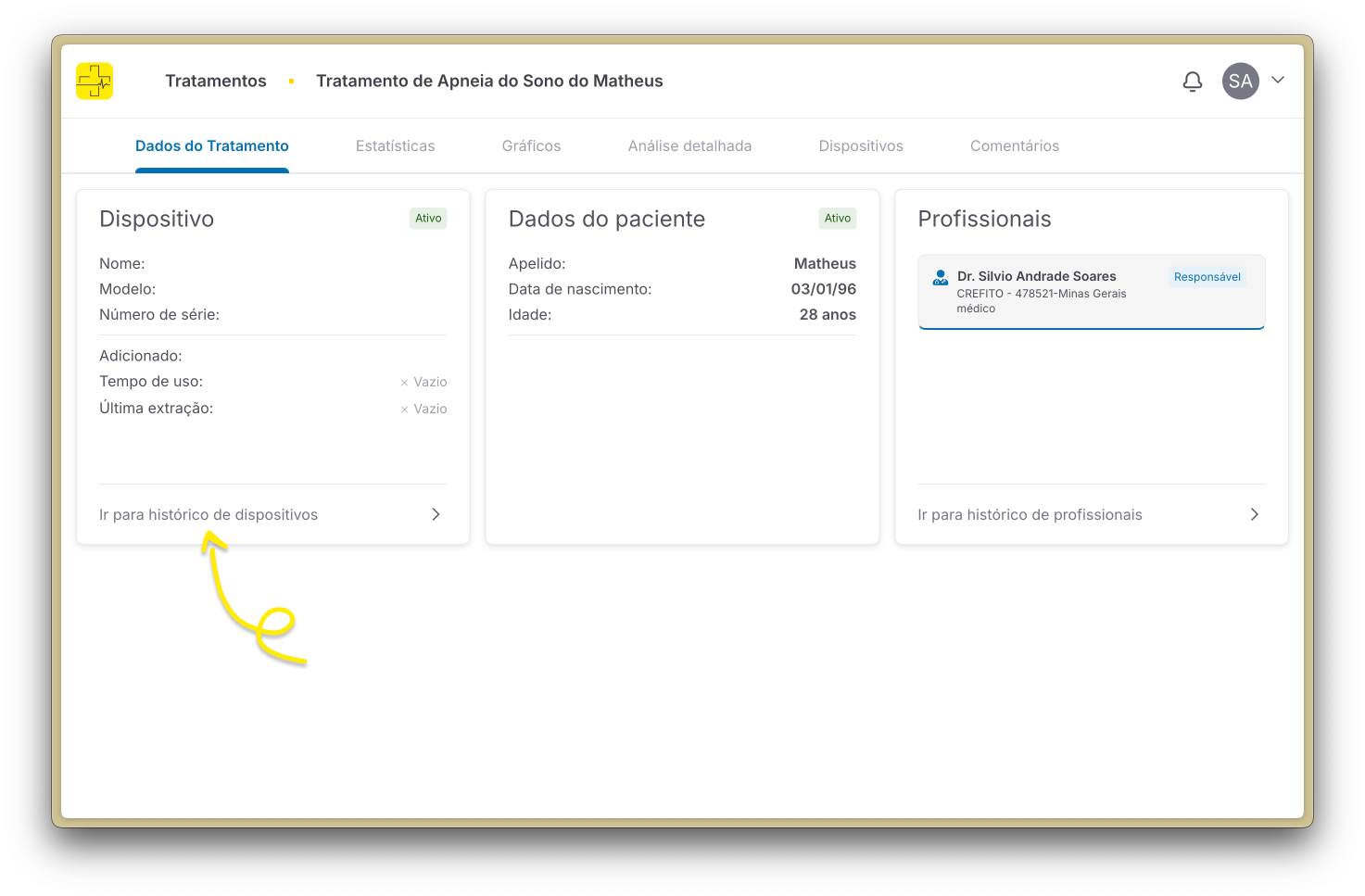 Botão para ir ao histórico de dispositivos