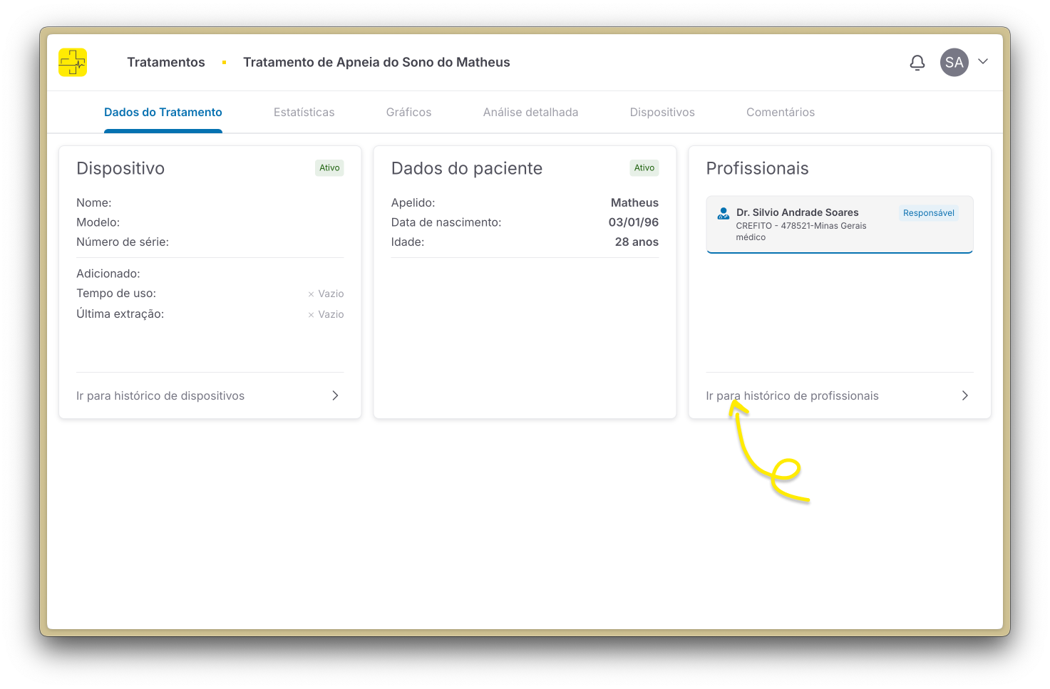 Botão para ir ao histórico de profissionais