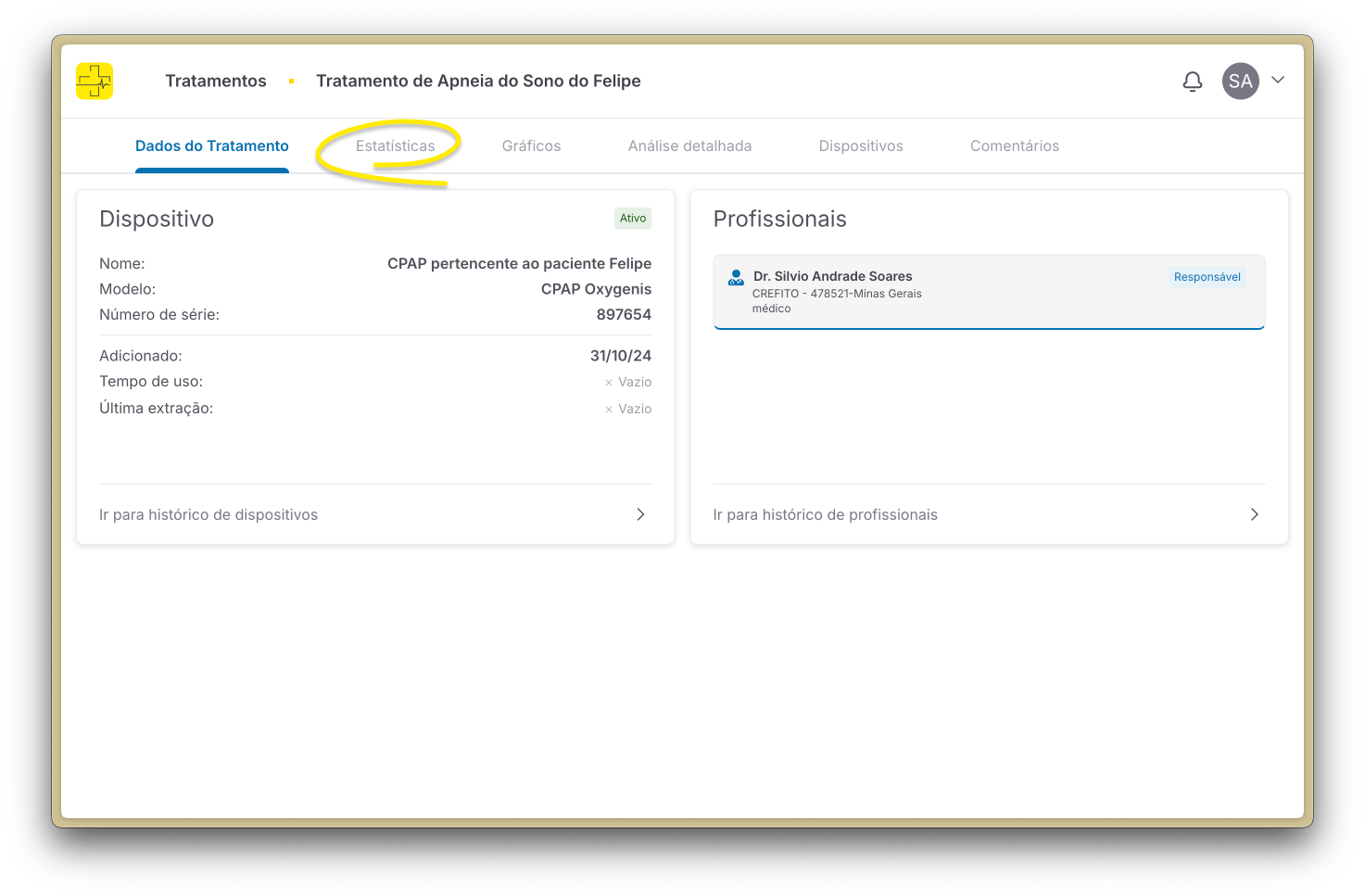 Aba de estatísticas do tratamento