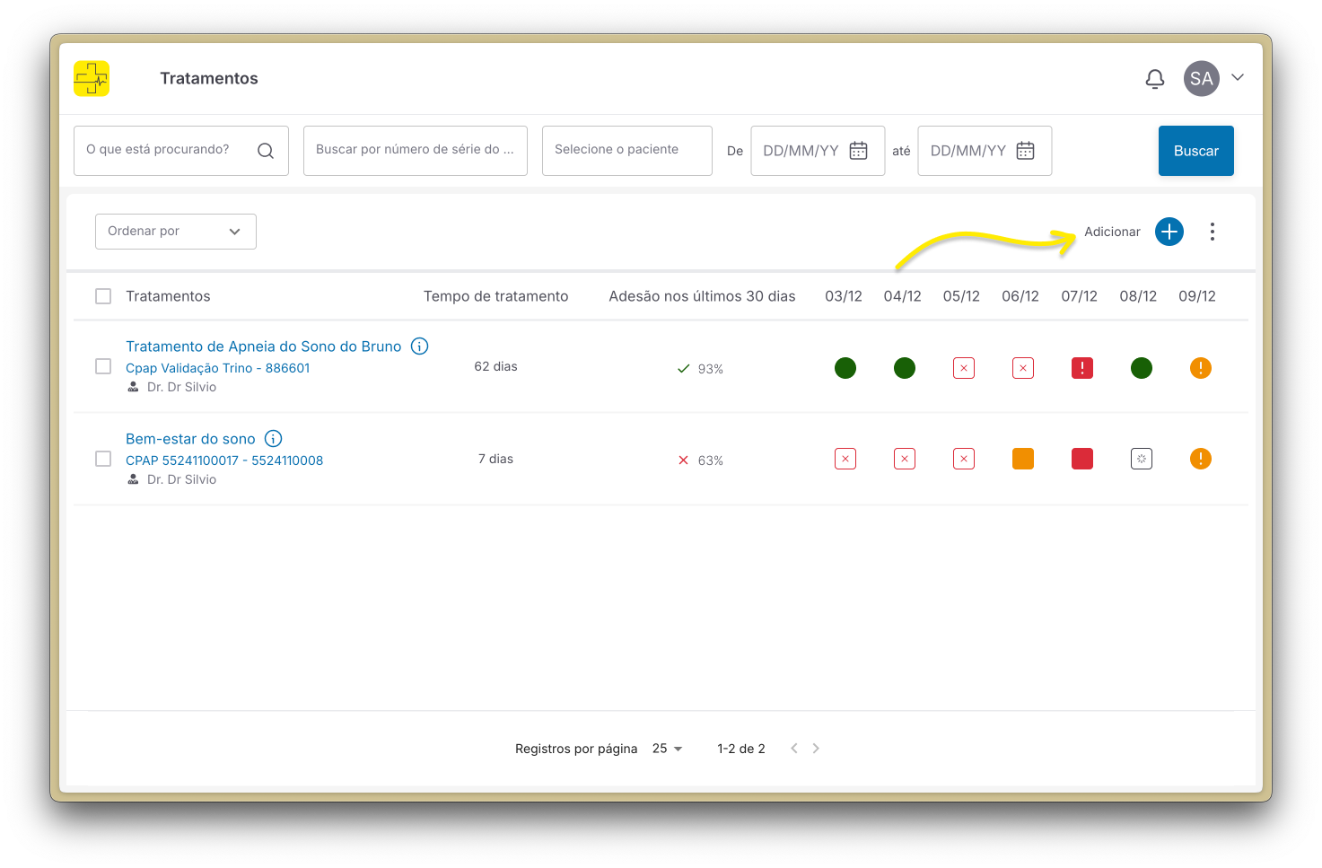 Botão para adicionar novo tratamento