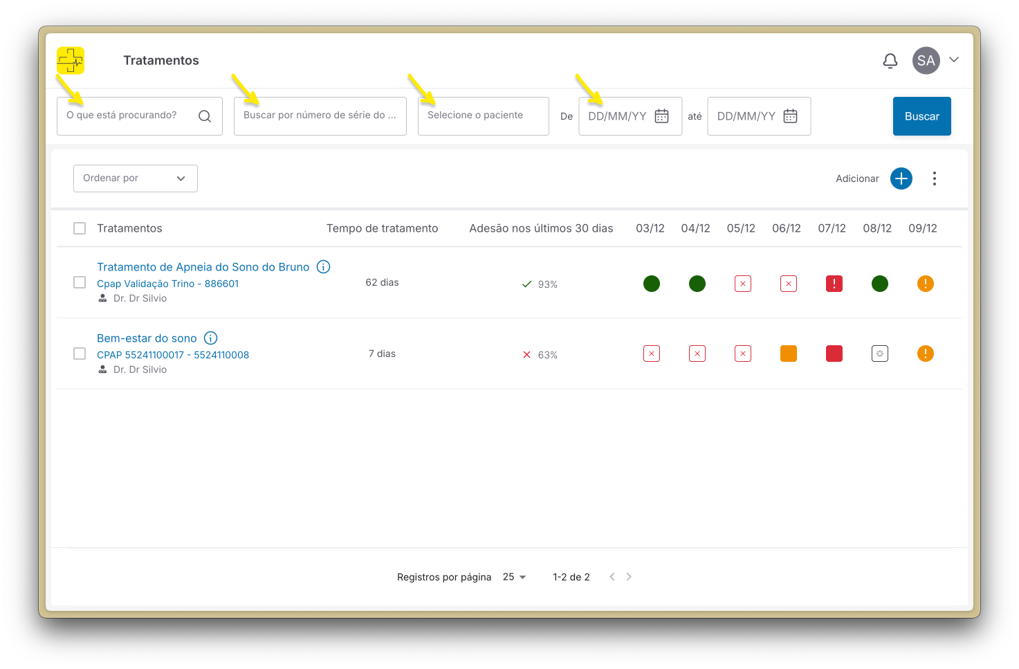 Barra de busca da página de Tratamentos