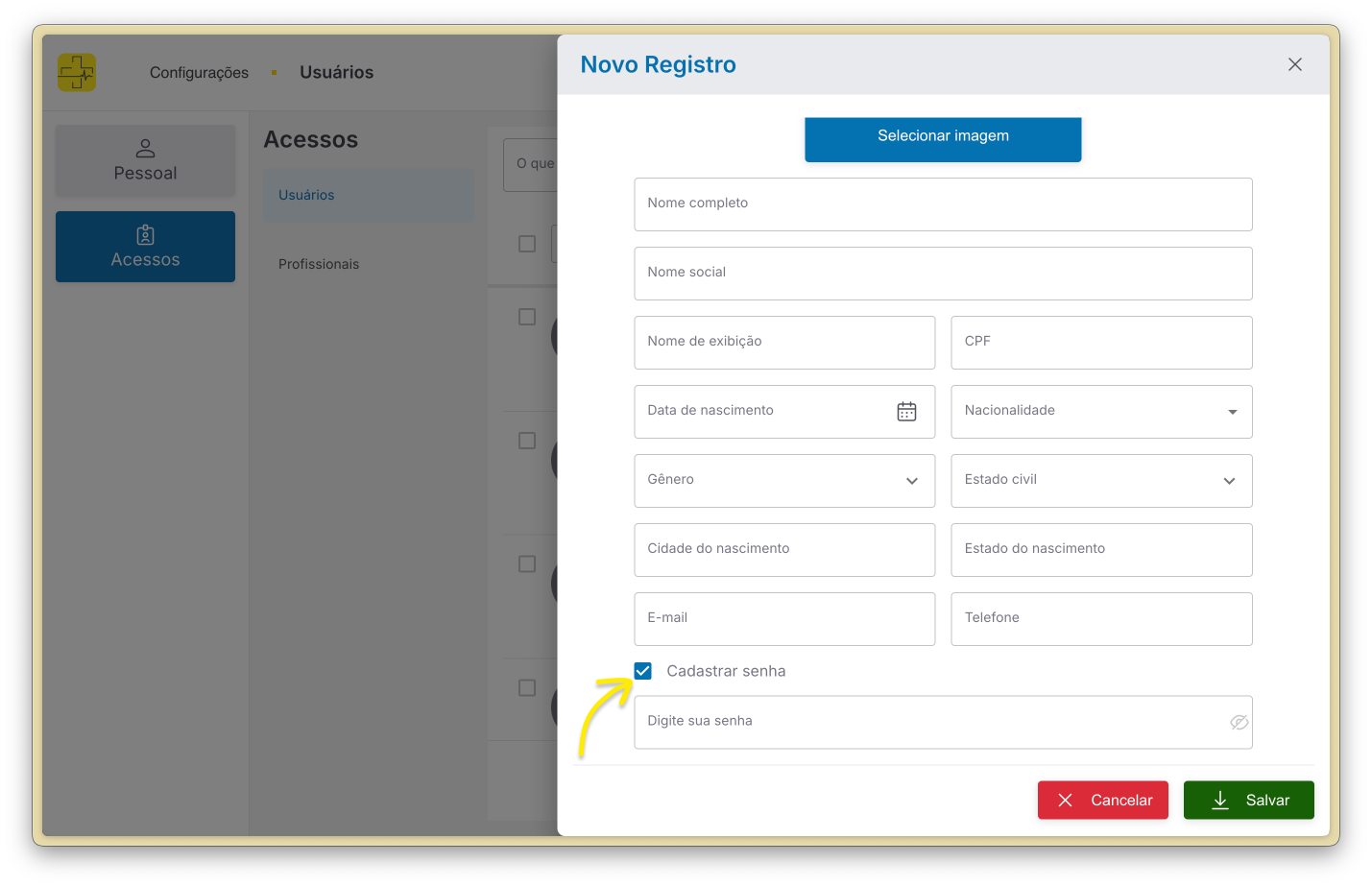 Cadastrar senha marcado