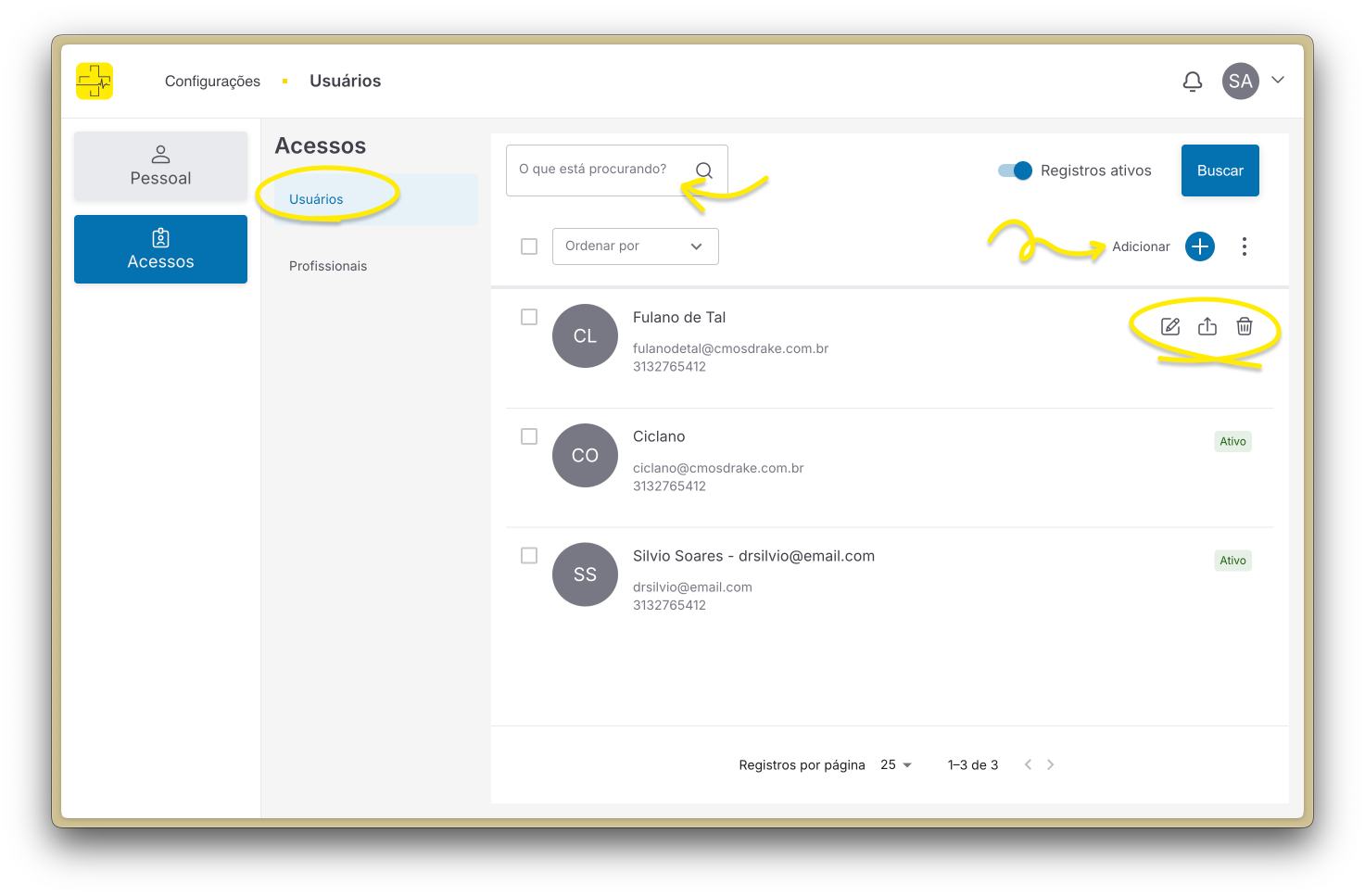 Página Acessos Usuários